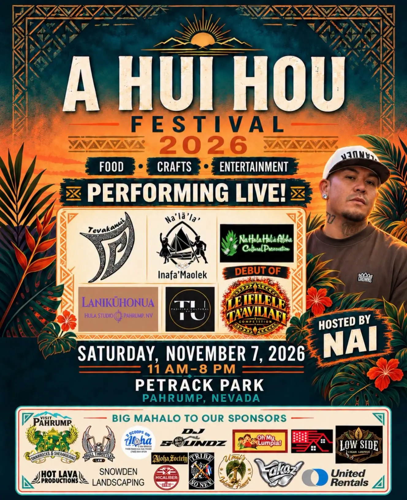 A Hui Hou Festival 2026 flyer: food, crafts, and entertainment, Saturday November 7, 2026, 11 AM to 8 PM at Petrack Park, Pahrump, hosted by NAI.