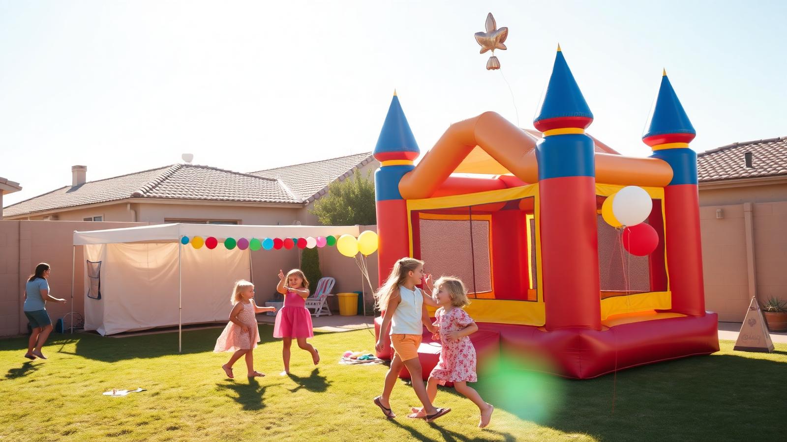 A colorful bounce house set up in a sunny Pahrump backyard with children playing