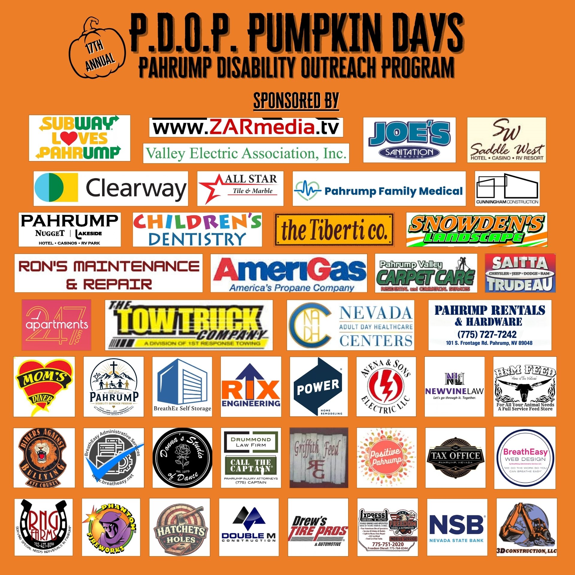 PDOP Pumpkin Days 2026 sponsor banner listing the local businesses supporting the festival